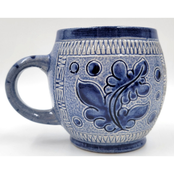 Marzi Remy 3141 Pottery Mug German Stein Blue Engraved Floral Cup 1950 - 1970 - Picture 4 of 8